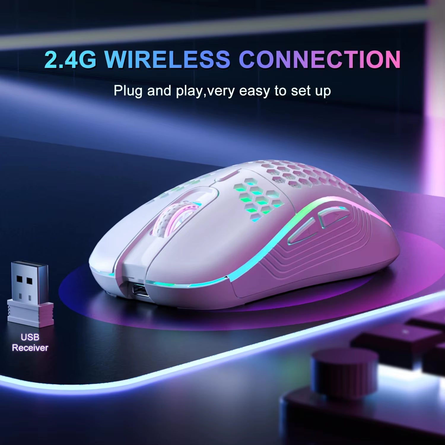 2.4G Wireless Mouse with RGB Backlit 6 - Button 3 - Speed DPI Type C Rechargeable Ergonomic Honeycomb Design Gaming Mouse - NovaGadget