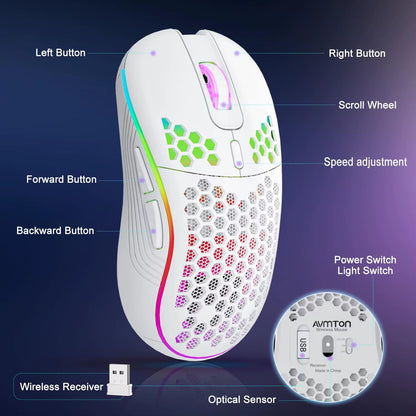 2.4G Wireless Mouse with RGB Backlit 6 - Button 3 - Speed DPI Type C Rechargeable Ergonomic Honeycomb Design Gaming Mouse - NovaGadget