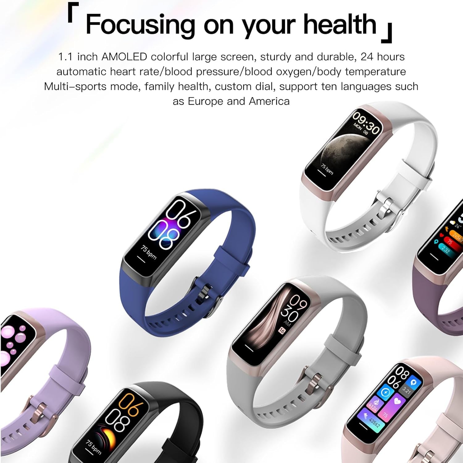 Keep Health Fitness Trackers for Women Men Amoled Step Counter Slim Thin 25 Sports Modes with Heart Rate Blood Pressure Monitor Alarm Stopwatch Timer Calories Burned IP68 Step Tracker Watch - NovaGadget