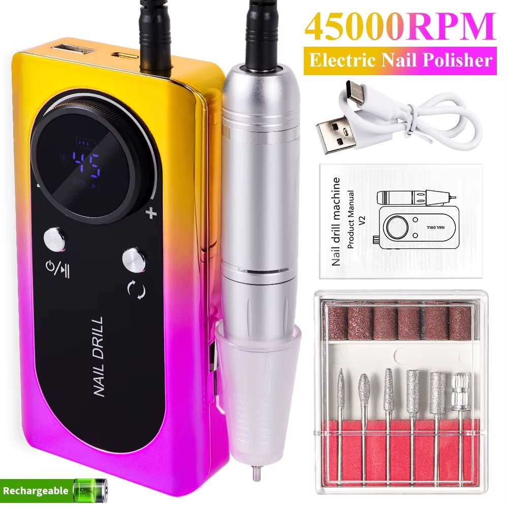 Professional 45000RPM Electric Portable Nail Drill Machine Rechargeable Low Noise Nail Sander File for Manicure Salon Tool - NovaGadget
