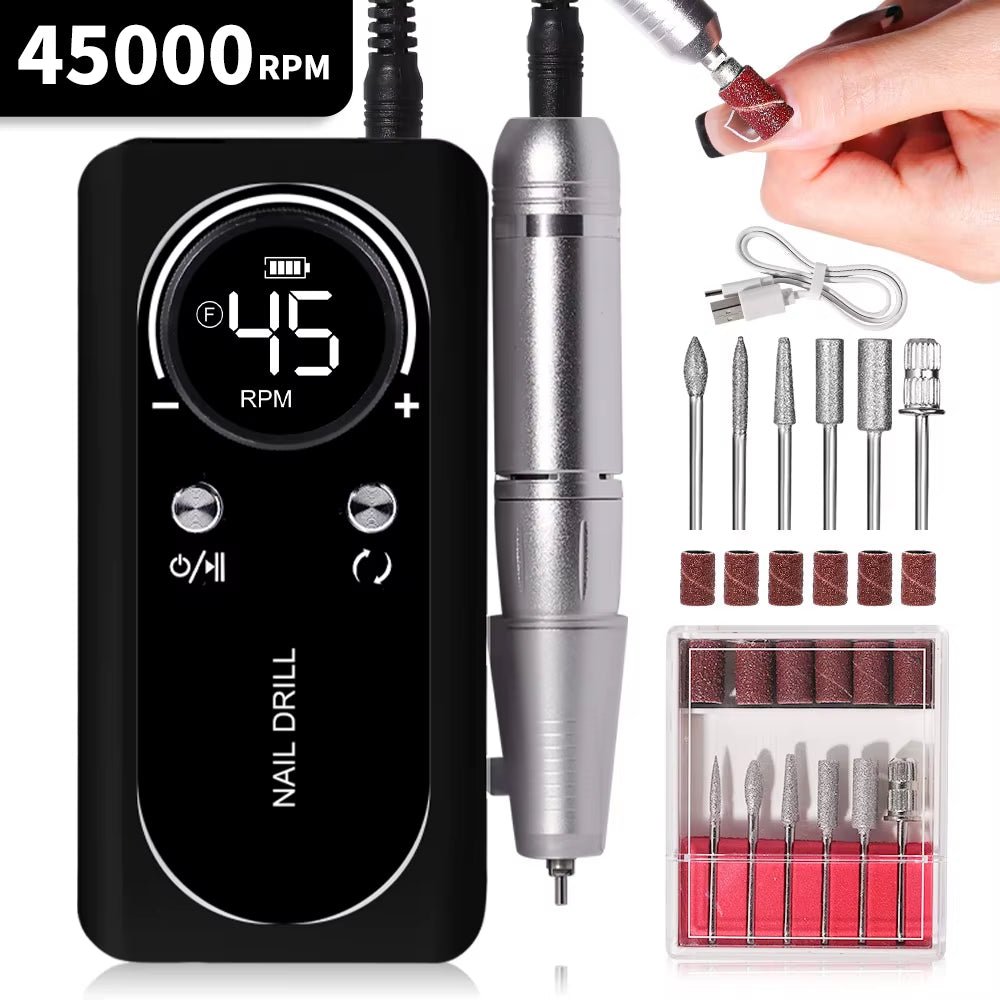 Professional 45000RPM Electric Portable Nail Drill Machine Rechargeable Low Noise Nail Sander File for Manicure Salon Tool - NovaGadget